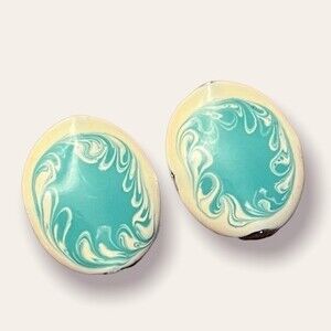 Vintage Button Earrings Teal Abstract Painted Metal Drop Studs